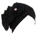 Flower Turban Hats for Women - Ruffle Bead Stretch Solid Caps Chemo Cancer Pre Tied Headscarf Headwear - color: Black