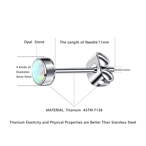 G23 Titanium Opal Stud Earrings for Women Girls Hypoallergenic Earring with 4mm 5mm Birthstone for Sensitive Ear Fashion Women's Jewelry(2pcs) - color: Fire & Snow, size: 5mm