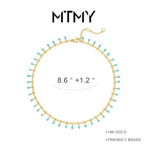 MTMY Gold Anklets for Women 14K Gold Plated Tiny Bead Anklet Colorful Tassel Foot Chain Dainty Adjustable Cute Summer Beach Boho Anklets Jewelry Gift - style: lake blue