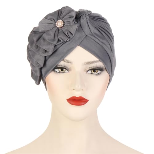 Flower Turban Hats for Women - Ruffle Bead Stretch Solid Caps Chemo Cancer Pre Tied Headscarf Headwear - color: Gray