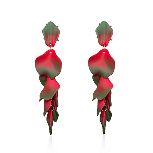 Long Acrylic Rose Petal Earrings Dangle Exaggerated Flower Earrings Drop Statement Floral Tassel Earrings for Women - color: Green + Red
