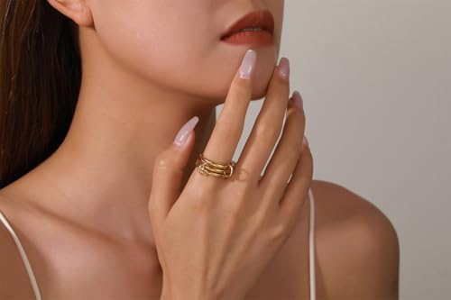 Gold/Silver Interlocked Rings For Women Dainty Stainless Steel Cubic Zirconia Stackable Statement Rings Two-toned Connected Bands Rings Non Tarnish (size 6-10) - color: R--Gold triple ring