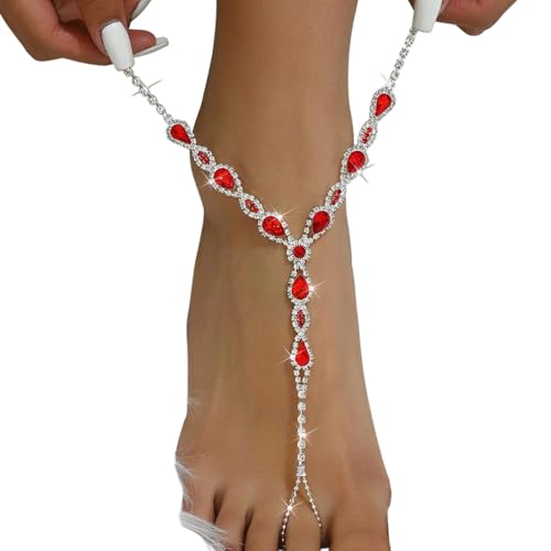 1Pair Rhinestone Tassel Anklet Barefoot Sandals Foot Chain with Toe Ring Summer Beach Crystal Hand Chain Wedding Bridal Sparkling Foot Jewelry for Women Prom - color: Red