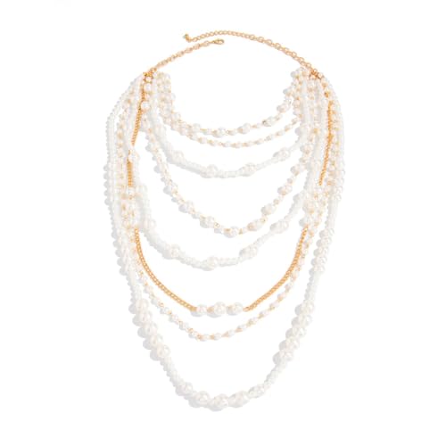 Layered Pearl Necklaces for Women Big Pearl Long Chain Necklace Dainty Faux Pearl Necklaces Statement Sweater Strand Chain Jewelry - style: White