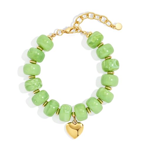 Chunky Beaded Bracelets for Women Boho Multicolor Acrylic Resin Beads Bracelet Adjustable Statement Bracelet Summer Beaded Jewelry - color: Heart beads bracelet-light green
