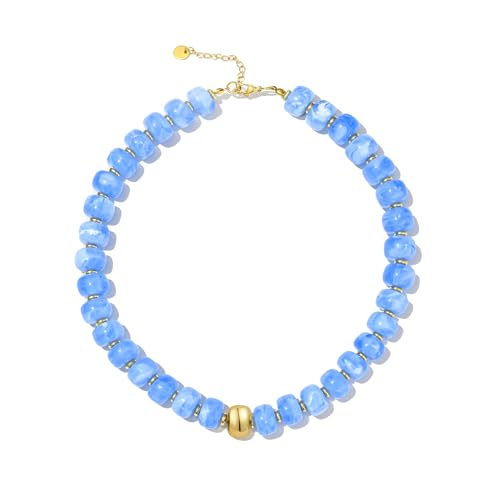 Chunky Beaded Statement Necklace for Women Trendy Colorful Boho Resin Bead Choker Necklaces Summer Handmade Jewelry Gifts Accessories - color: Gold-blue 1