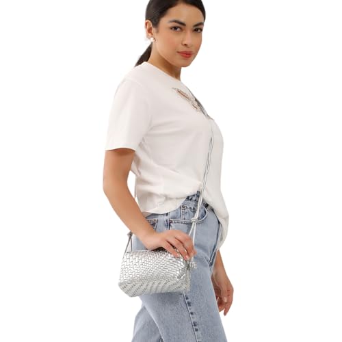 Woven Crossbody Bags for Women Handwoven Purses Vegan Leather Small Handbag Handmade Shoulderbag | Lightweight - color: Silver