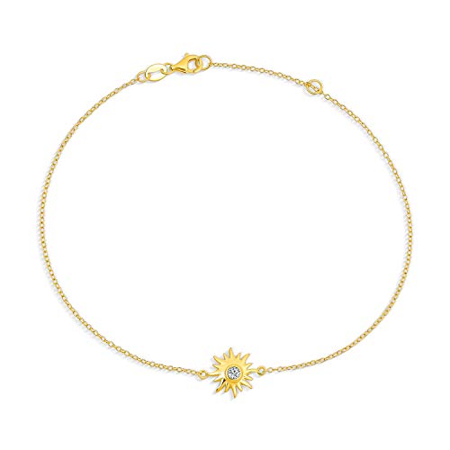 Bling Jewelry Sunburst Sun Shape Beach CZ Accent Anklet Ankle Bracelet For Women 14K Gold Plated .925 Sterling Silver Adjustable 9 To 10 Inch With Extender