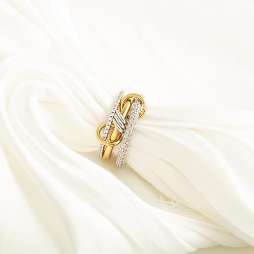 BKC Gold Stackable Rings for Women, 14k Gold Plated Chunky Statement Cubic Zirconia Rings, Silver Gold Multi Ring Interlocking Mixed Metals Stack Rings Set Non Tarnish - color: Harmony set, size: 8