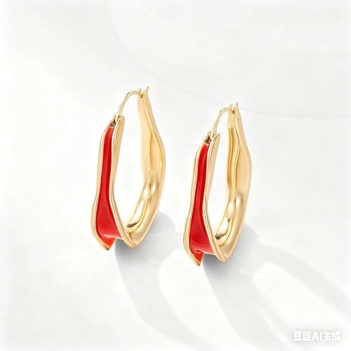 Chunky Hoop Earrings for Women Thick Minimalist Geometric Huggie Hoop Earrings Dainty Thick Y2K Preppy Earrings - style: irregular wave red