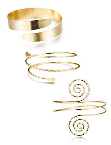FUNRUN JEWELRY Arm Cuff Upper Arm Band for Women Gold Arm Cuff Bangle Bracelets Adjustable Coil Swirl Armlet ArmBand Jewelry,3-4Pcs - color: B:Gold tone