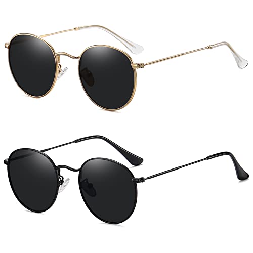MEETSUN Round Polarized Sunglasses for Women Men Classic Retro Metal Frame Sun Glasses UV Protection - color: (2 Pack) Gold/Grey + Black/Grey