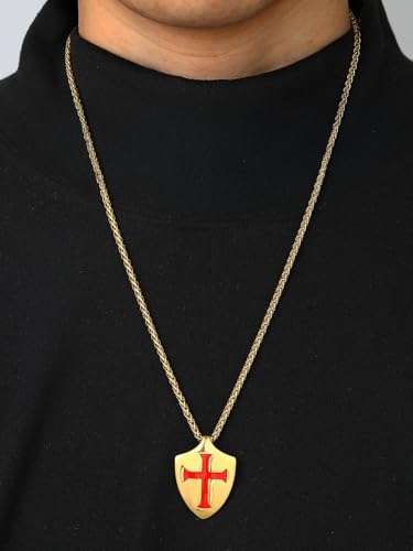 FaithHeart Knights Templar Necklace for Men, Christian Necklace for Men Stainless Steel Pendant Neckalces Christian Gifts with Gift Box - color: 03. Shield-Gold