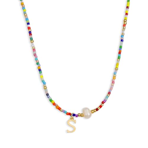 Colorful Pearl Beaded Initial Choker Necklaces for Women, Boho Handmade Personalized Seed Beads Letter Name Necklace Beach Surfer Bohemian Jewelry Gift - color: S