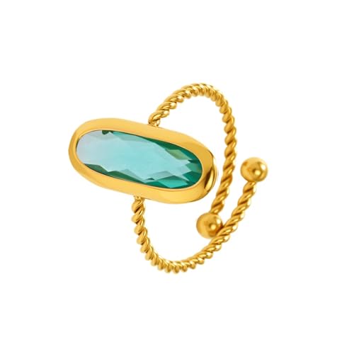 18K Gold Plated Adjustable Twisted Rings for Women Non Tarnish Oval Czech Glass Stone Stainless Steel Statement Rings Open Gemstone Boho Stackable Band Jewelry - color: Light Green