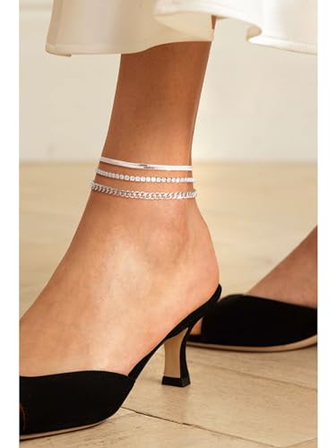 DEARMAY 14K Gold Plated Ankle Bracelets for Women Waterproof - Dainty 6Pcs Anklets Layered Cuban Link Chain Herringbone Cute Anklets Set Pack Summer Beach Jewelry Gift for Women Teen - color: Silver Anklet A