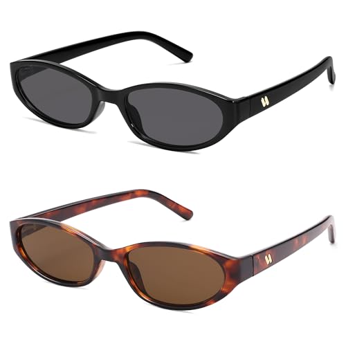 Retro Oval Sunglasses for Women Men Y2k Narrow Cat Eye Sunnies Skinny Shades AR82299 - color: 07. Black/Grey+tortoise/Brown