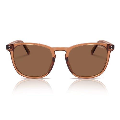 SOJOS Unisex Rounded Square Polarized Sunglasses TR90 Frame UV400 Protection Lightweight Retro for Women & Men - color: Crystal Brown/Brown