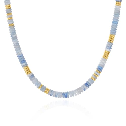 KissYan Boho Beaded Choker Necklace for Women, Gemstone Choker Natural Stone Freshwater Pearl Surfer Necklaces 14K Gold Plated Summer Beach Handmade Jewelry - color: T-Light Blue