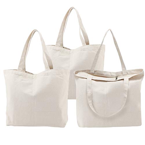 Segarty 3PCS 16.5x13 inch Natural Heavy DIY Tote for Crafting, Ironing and Embroidering, White Canvas Reusable Grocery Shopping Bag with Zipper - size: 16.5"x13.4"x3.9", style: Beige_3pcs