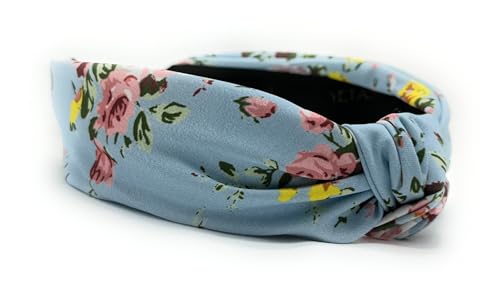Autumn Headbands for Women Satin Blue Rose Floral Warable All Day, Colorful, Silk Feel, Fall Womens Knotted Headband Fashion Designer Top Knot Girls Hair Head band - color: Sky Blue