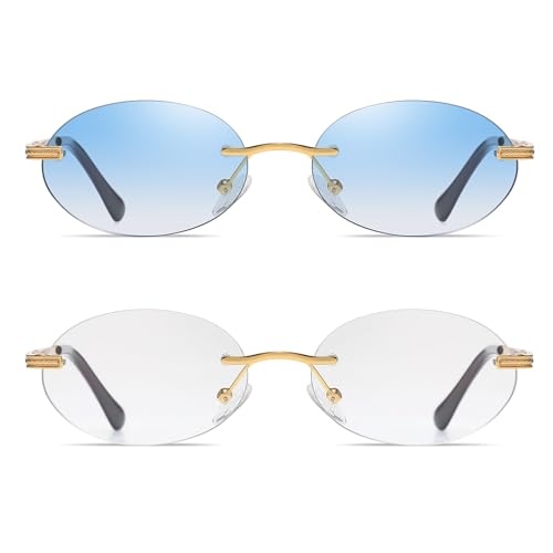 Retro Oval Sunglasses Rimless Small Round Glasses Frameless UV400 Men Women Fashion Shades - color: 2pack (Blue + Clear)