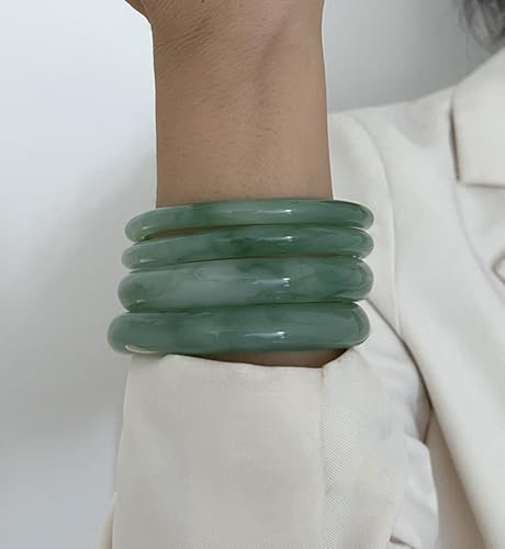 iF YOU 6pcs Chunky Acrylic Bangle Bracelets for Women, Resin Bamboo Brown Stretchy Bracelet Stack, Fashion Jewelry for Women - color: 4 Green bangles