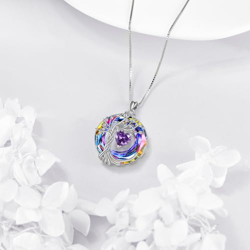 POPLYKE Mothers Day Gifts for Mom Her Wife Tree of Life Necklace 925 Sterling Silver Birthstone Pendant with Crystal Anniversary Birthday Wedding Jewelry for Women - color: 02-Feb-Amethyst, style: White Gold Plated-Volcano Crystal