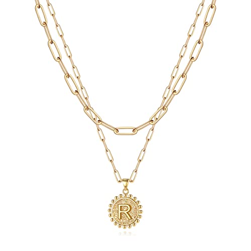Yoosteel Layered Initial Necklaces for Women Trendy - 14K Gold-Plated Dainty Layering Paperclip Chain Coin Initial Necklace Jewelry Gifts for Women Mom Wife Teen Girls - color: Gold, style: R