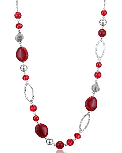 BULINLIN Beaded Long Necklace for Women Silver Sweater Chain Necklace with Crystal Resin Beads, Fashion Jewelry Necklace - color: Red