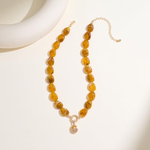 Multicolor Irregular Beaded Necklace for Women Chunky Resin Oval Bead Choker with Cubic Zirconia Pendant Summer Beach Mothers Day Gifts - color: XL23350D