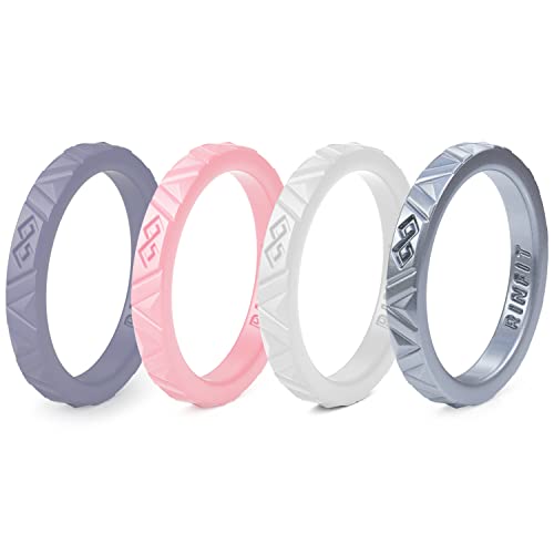 Rinfit Silicone Wedding Ring Sets - Soft, Stackable & Thin Silicone Rings for Her - Womens Rubber Wedding Rings - color: SetC - White, Silver, Pink, Purple, size: 6