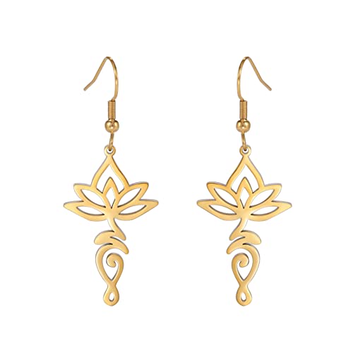 TEAMER Stainless Steel Lotus Flower Dangle Earrings Bohemian Drop Earring Unique Geometric Jewelry for Women - color: Lotus 5-Gold