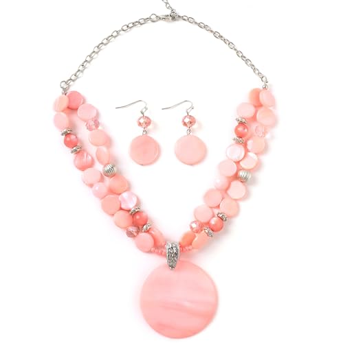 Layered Beads Statement Fashion Necklace Chunky Jewelry Set Big Colorful Glass Stone Circle Shell Pendant Choker Necklace and Earring Set for Women - color: peach