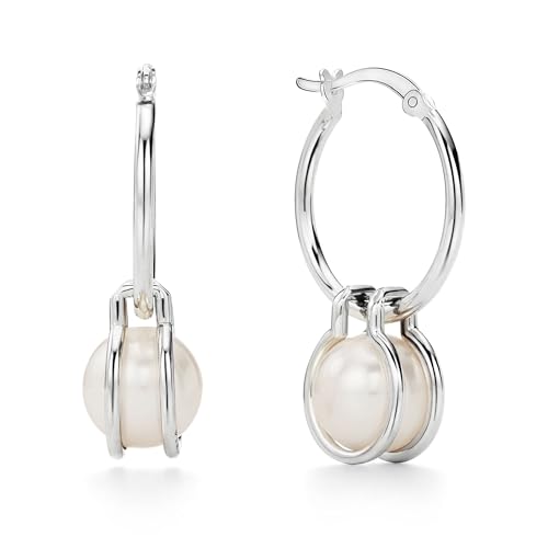 LeCalla 925 Sterling Silver Beaded Ball Hoop Earrings | Lightweight Sleeper Bead Ball Earring Hoops | Cape Style Hoop Earrings for Women - color: Freshwater Pearl Classic