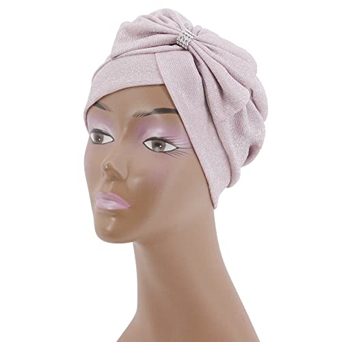 Erinaco Women Sparkle Sequin African Turban Bow Knot Pre-Tied Cap Pleated Ruffle Bonnet Beanie Hat Headwrap Skull Caps - color: Glitter Pink