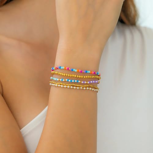 14K Gold Plated Beaded Bracelets Stack Set for Women,Stretch Boho Colorful Beads Ball Jewelry Friendship Summer Trendy - color: Colorful