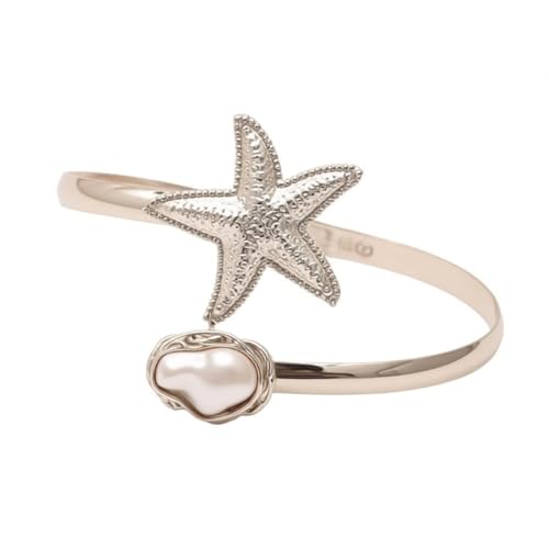 Vivian&CD 14K Gold Plated Starfish Arm Cuff for Women, Adjustable Upper Arm Bracelet Boho Beachy Statement Jewelry Summer Ocean-Themed Armband for Parties & Vacations - style: Peal Silver