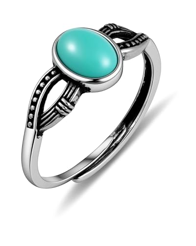 Silver Turquoise Rings for Women Adjustable Oval Gemstone Boho Western Statement Ring for Vintage Jewelry