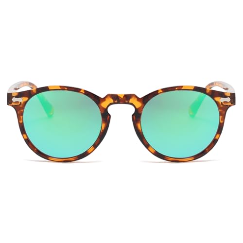 LJCZKA Round Polarized Sunglasses for Men Women Retro Small Face Sunglasses Polarized Vintage Sun Glasses UV400 Protection - color: Leopard Green(mirrored)