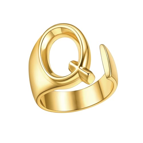 FindChic Customizable Initial Ring Statement 18K Gold Plated Fashion Cuff Rings for Women Alphabet Letter A to Z Resizable Knuckle Ring (with Gift Box) - color: Q