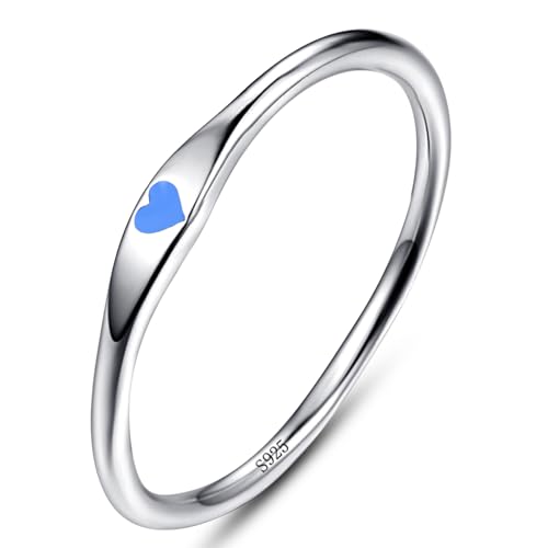 925 Sterling Silver Heart Ring for Women, 1mm Ultra Thin 14K Plated Gold Hypoallergenic Wedding Band with Black/Yellow/Red/Blue/Pink Love, Promise Stack Travel Jewelry Gifts Size 5-10 - color: F-Silver-Blue