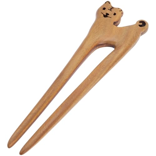 SHOWERORO Handmade Green Sandalwood Hair Fork Tiger Hairpin Double Prong Bun Hair Stick for Women for Elegant Updo