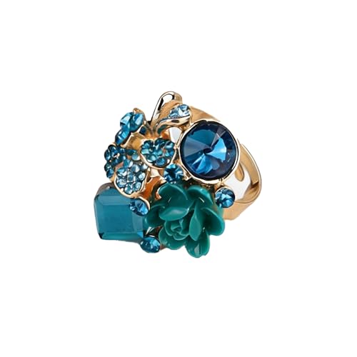 Jumwrit Shiny Crystal Flower Ring Statement Adjustable Open Band Wrap Finger Ring Square Rhinestone Floral Cocktail Ring Party Bridal Wedding Jewelry Vintage Boho Knuckle Ring for Women - color: Light Blue