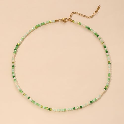 JSJOY Tiny Crystal Beaded Choker Necklaces for Women Colorful Beaded Necklace Dainty Choker Necklaces Simple Boho Jewelry Gifts for Teens Handmade Shining Bead Necklaces Gifts - color: Green