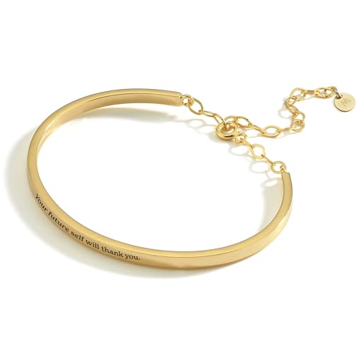 MIONZA 18K Gold Vermeil Personalized Bangle Bracelet for Women, Custom Engraved Cuff with Personal Text