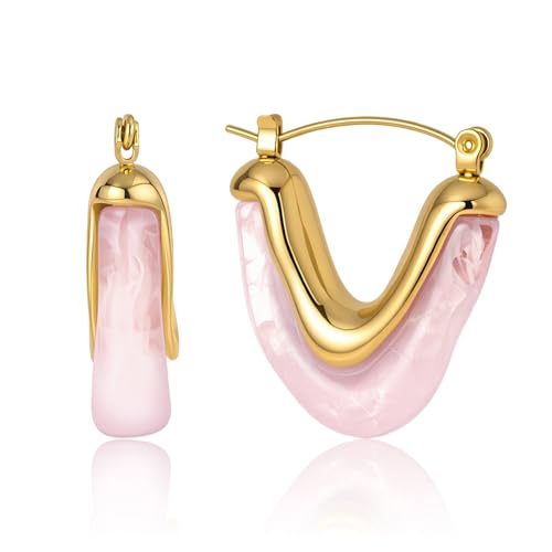 Fullpop Vintage Earrings for Women, Chunky 14K Gold Plated Resin Hoop Earrings Lightweight Hollow Drop Earrings Hypoallergenic Earrings for Women Vintage Anthropologie Jewelry Gifts for Women - size: V Shape Pink