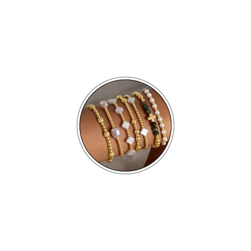 VIBILIA Gold Beaded Bracelets Set for Women 14K Gold Plated Dainty Pearl Cross Bracelet Stack Stretch Bracelet Set Fashion Accessories Gifts - color: 7P-SYC