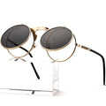 AIEYEZO Round Flip Up Sunglasses for Men and Women Rave Flip Glasses 90's Retro Steampunk Style - color: A1 Gold/Grey