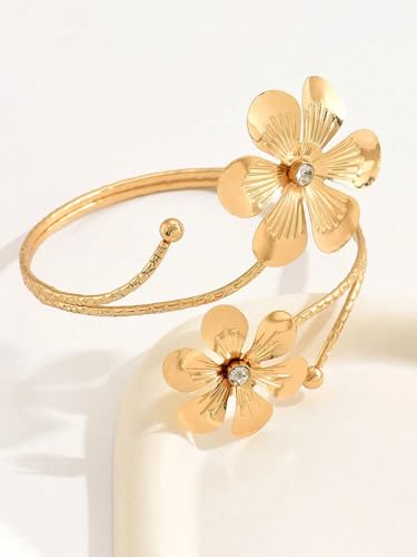 Gold Arm Cuff Bracelet Adjustable Upper Arm Cuff Bangle Butterfly Flower Bracelet Summer Beach Essentials Jewelry for Wome - style: gold flower